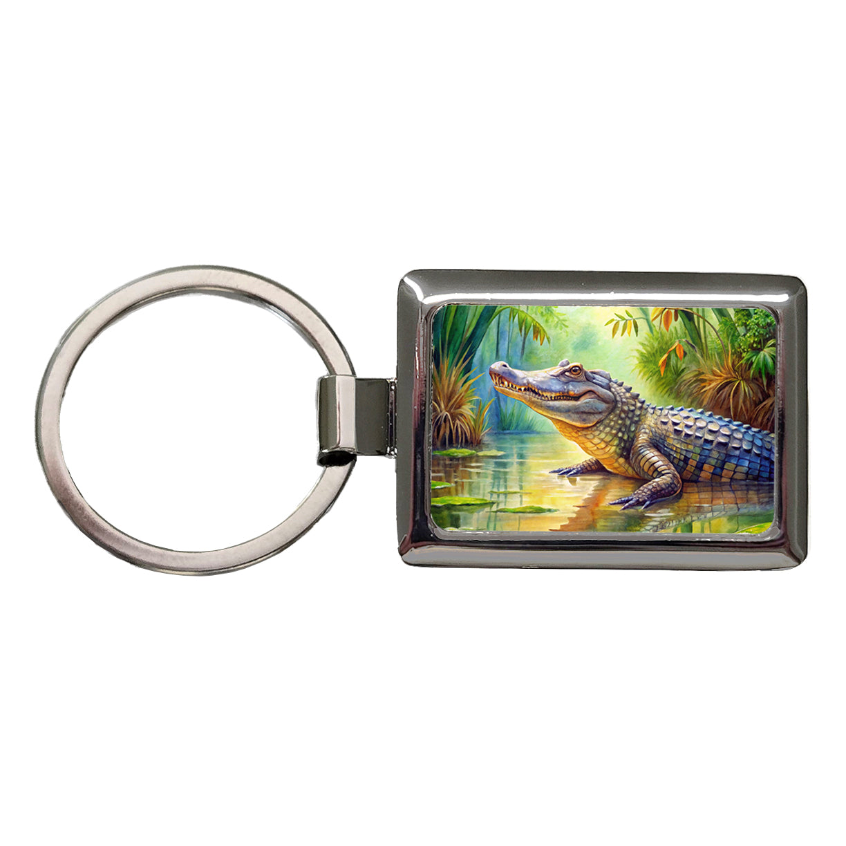 Alligator Crocodile In Swamp Rectangle Metal Keychain