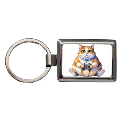 Fat Gamer Kitty Rectangle Metal Keychain