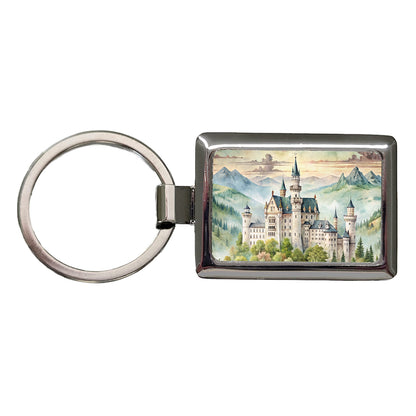 German Castle Watercolor Beautiful Neuschwanstein Rectangle Metal Keychain