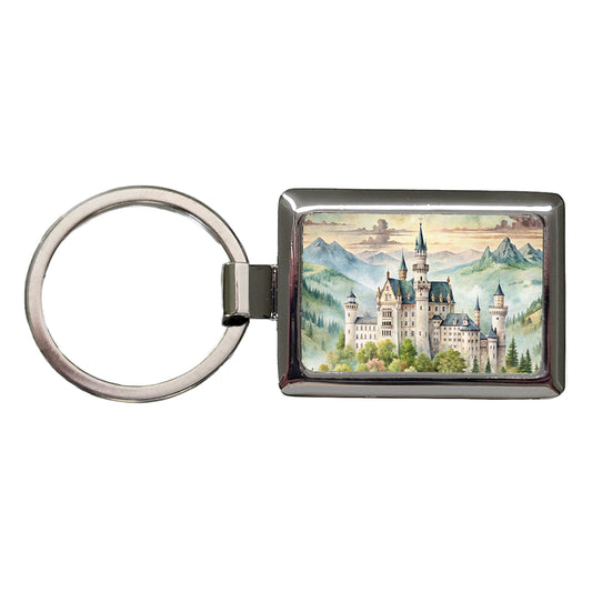 German Castle Watercolor Beautiful Neuschwanstein Rectangle Metal Keychain