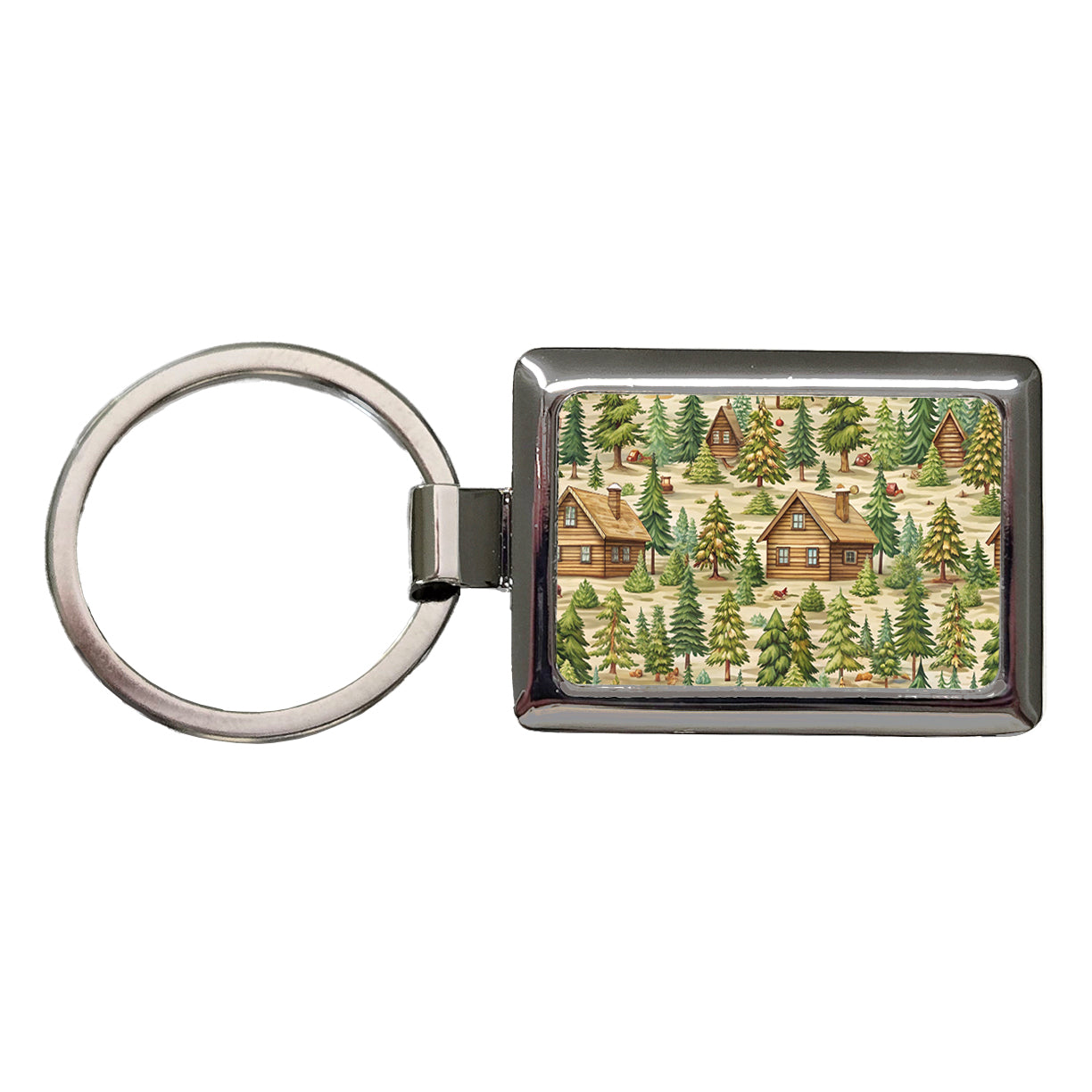 Log Cabin In Forest Pattern Rectangle Metal Keychain