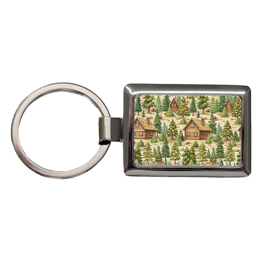 Log Cabin In Forest Pattern Rectangle Metal Keychain