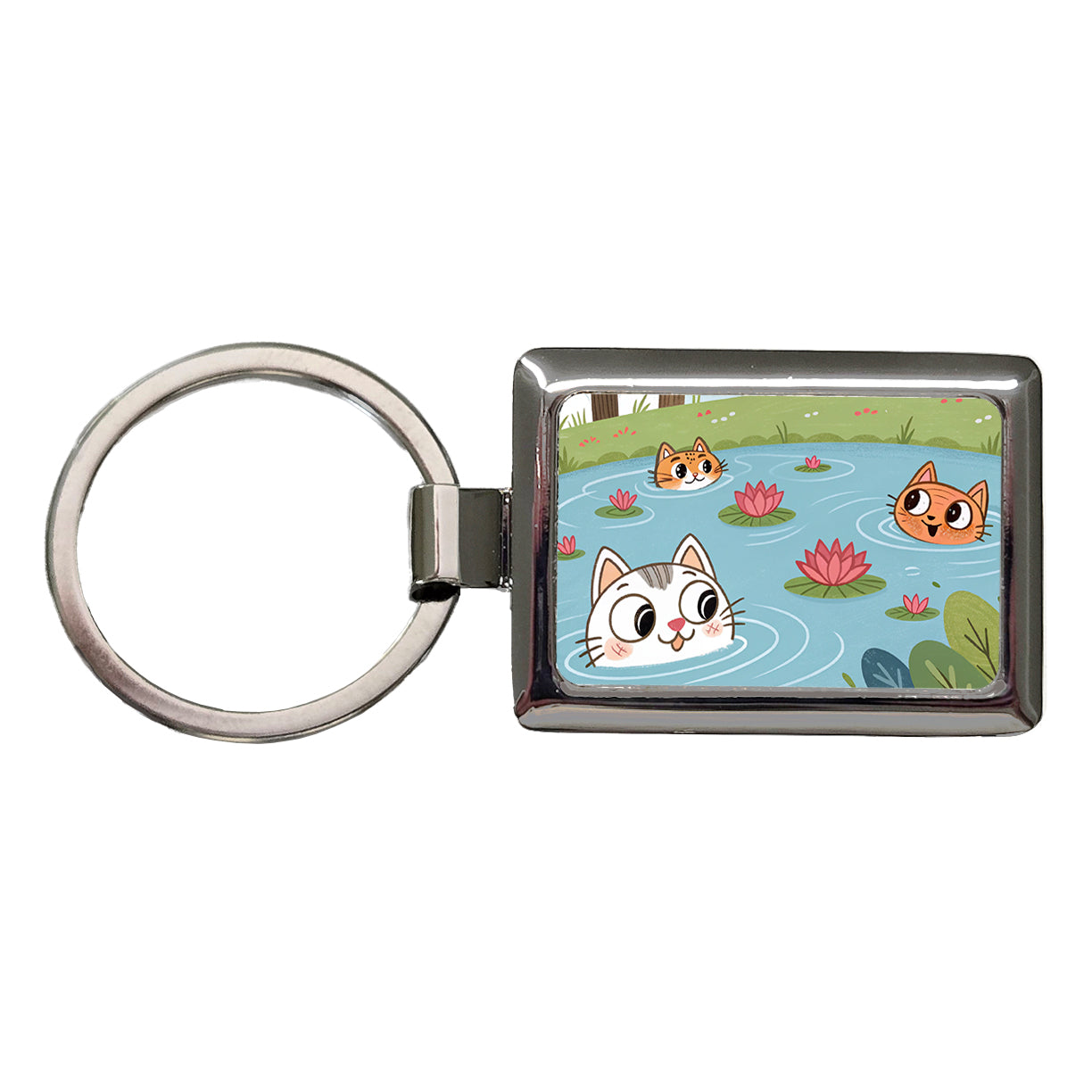 Cats Swimming In Pond Cute Rectangle Metal Keychain