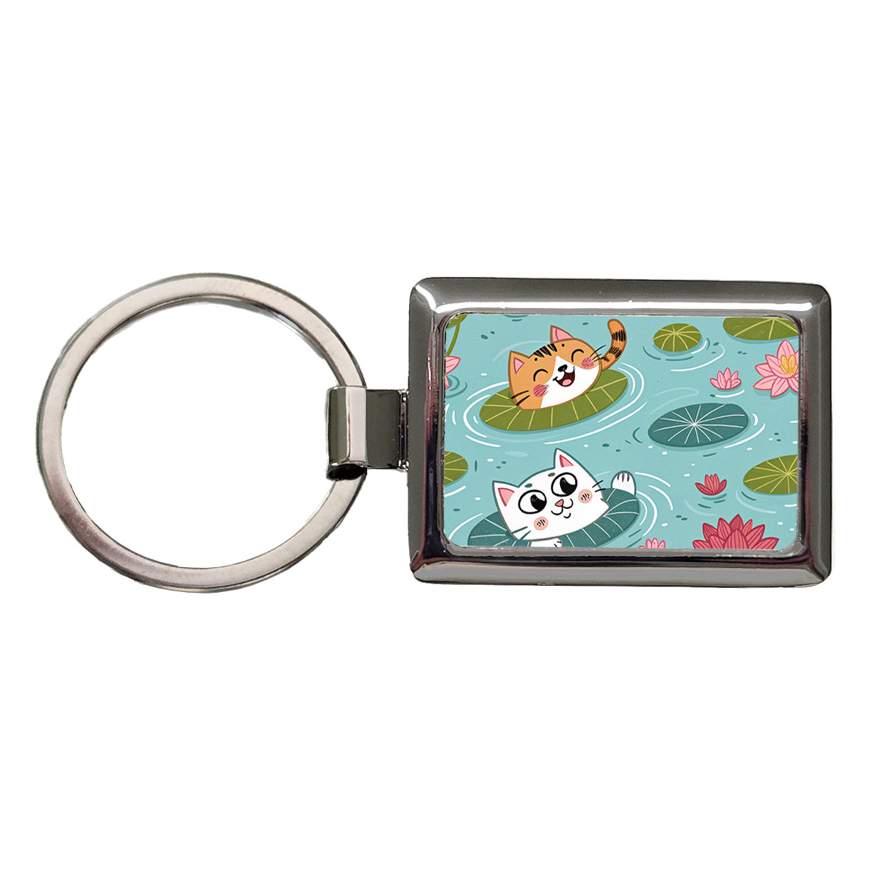 Cats Swimming In Pond Rectangle Metal Keychain