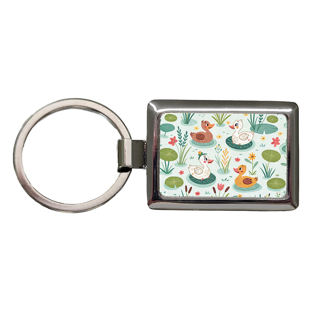 Cute Ducks In Pond Rectangle Metal Keychain