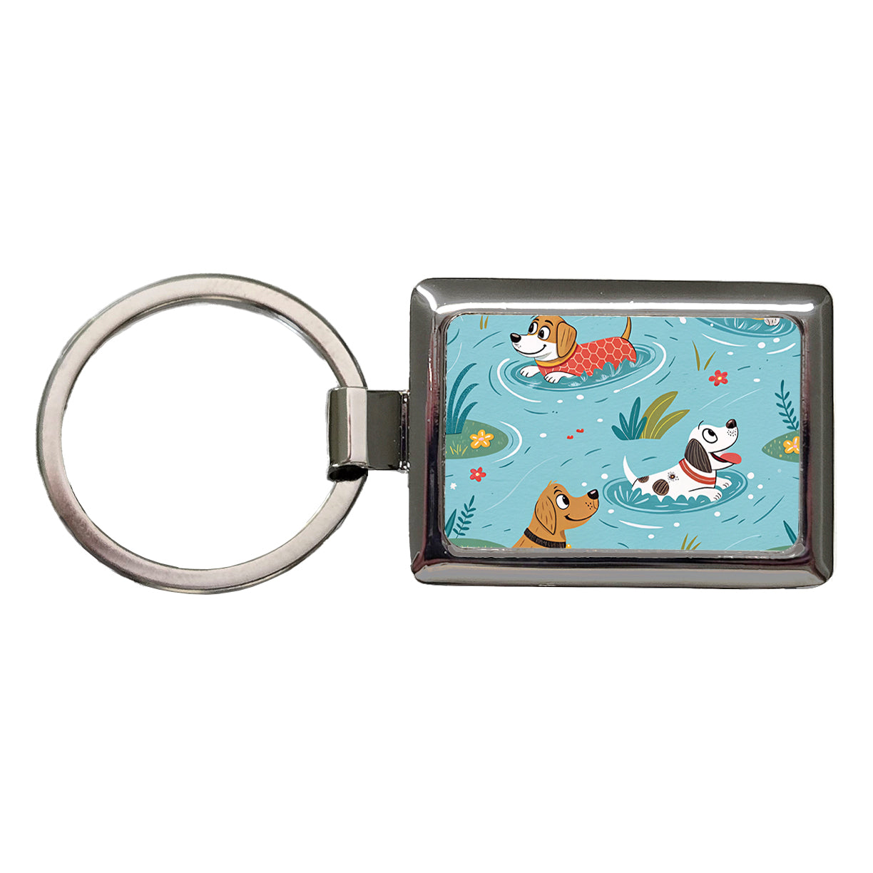 Dogs Swimming Playing In Pond Rectangle Metal Keychain