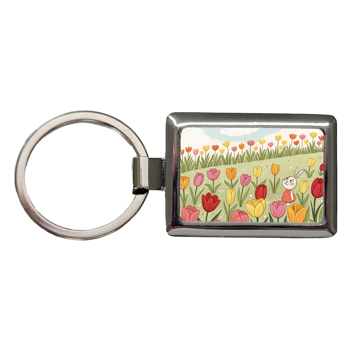 Field Of Tulips And Bunny Flowers Rectangle Metal Keychain
