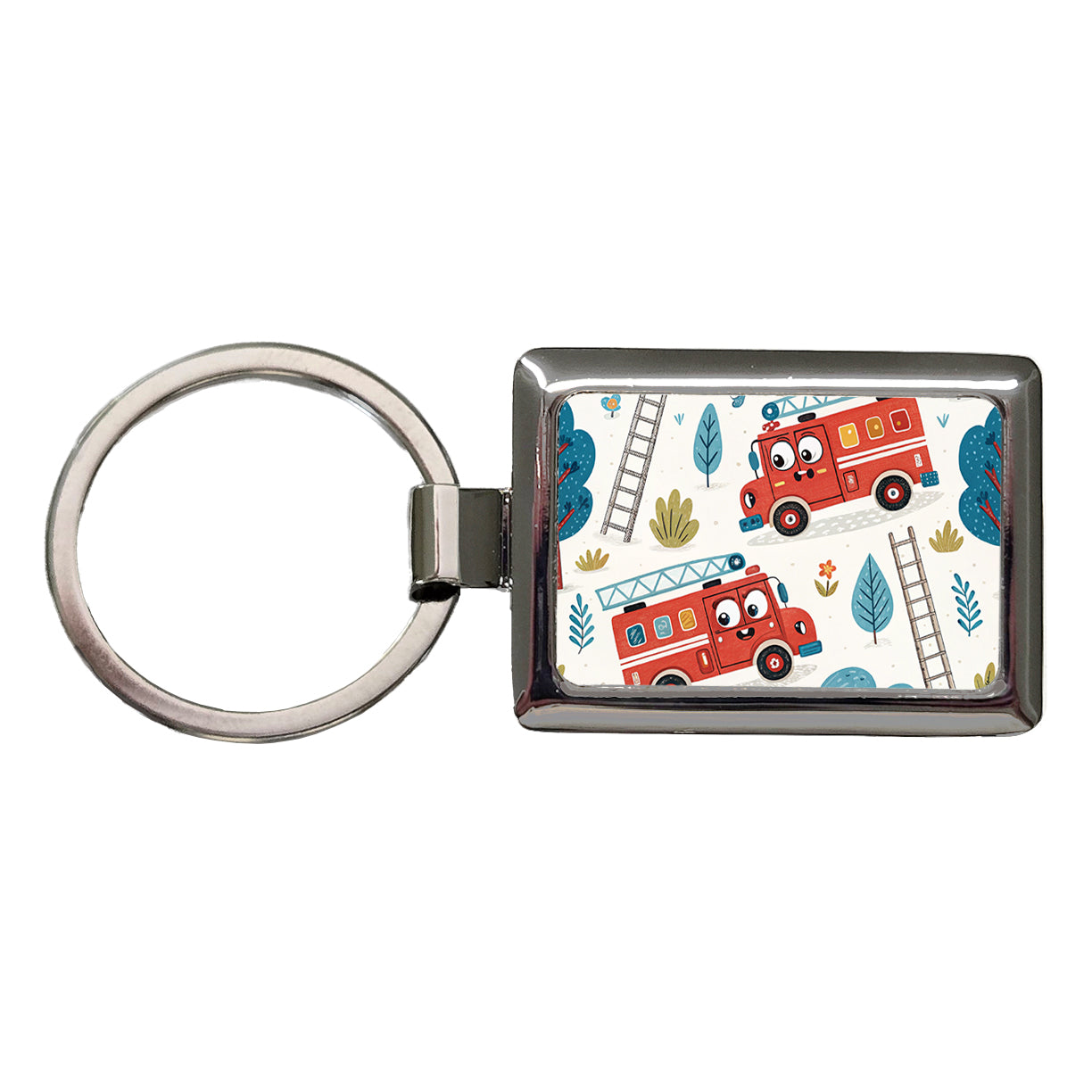 Firetrucks Cartoon Style Rectangle Metal Keychain