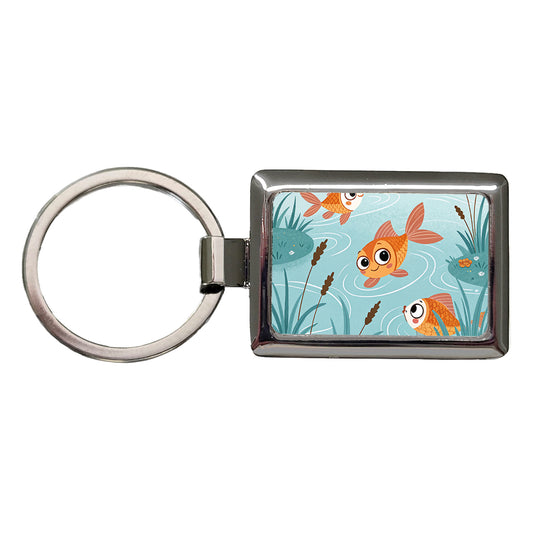 Gold Fish Swimming In Pond Rectangle Metal Keychain