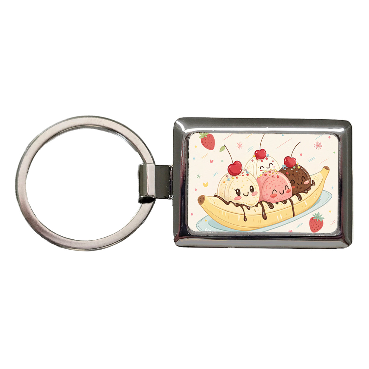 Kawaii Banana Split Ice Cream Rectangle Metal Keychain