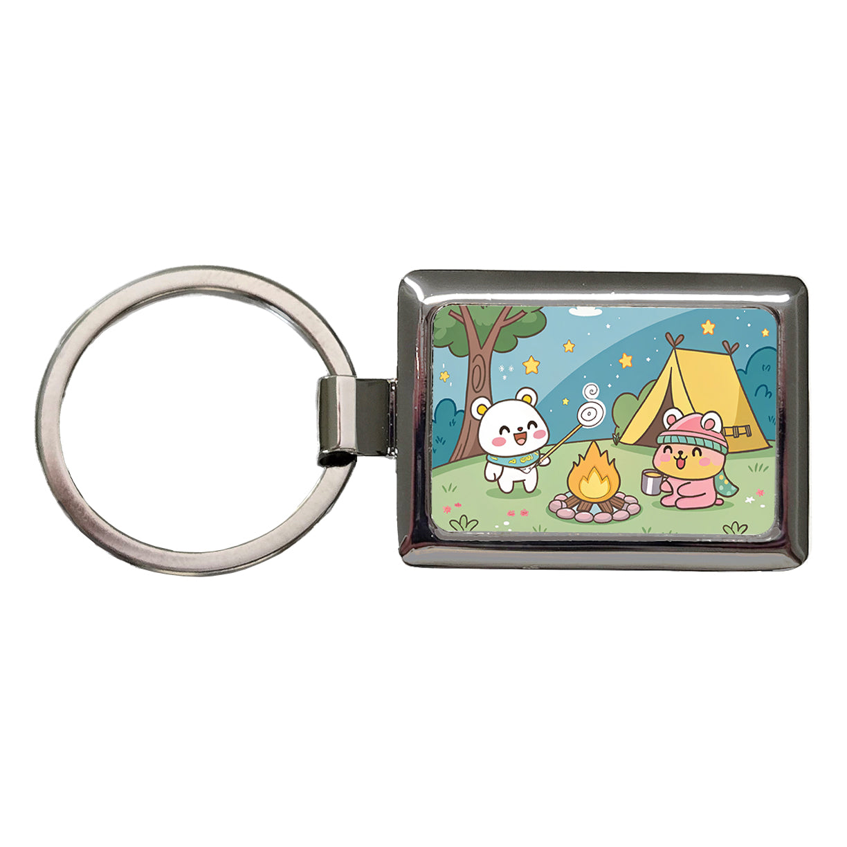 Kawaii Camping Campfire Tent Rectangle Metal Keychain