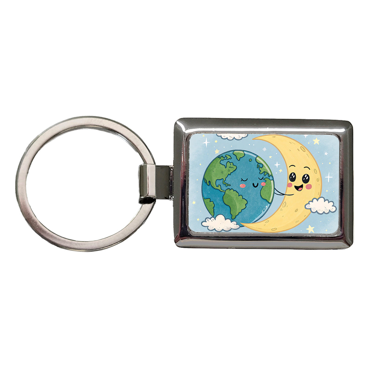 Kawaii Earth And Crescent Moon Rectangle Metal Keychain