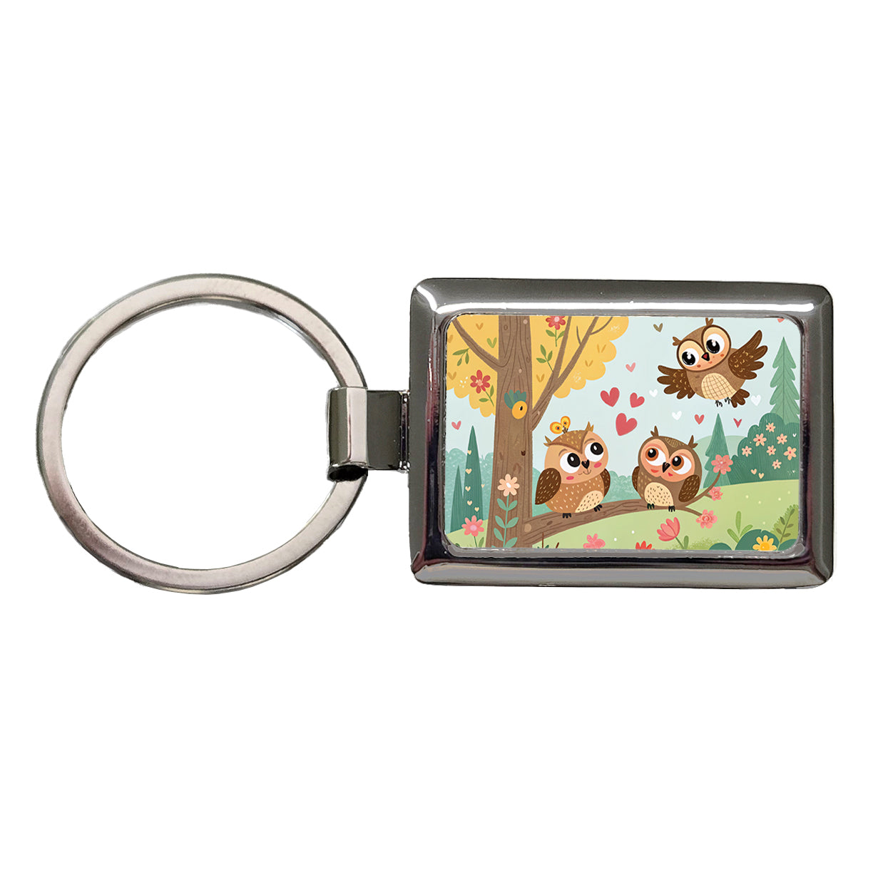 Kawaii Great Horned Owls Rectangle Metal Keychain