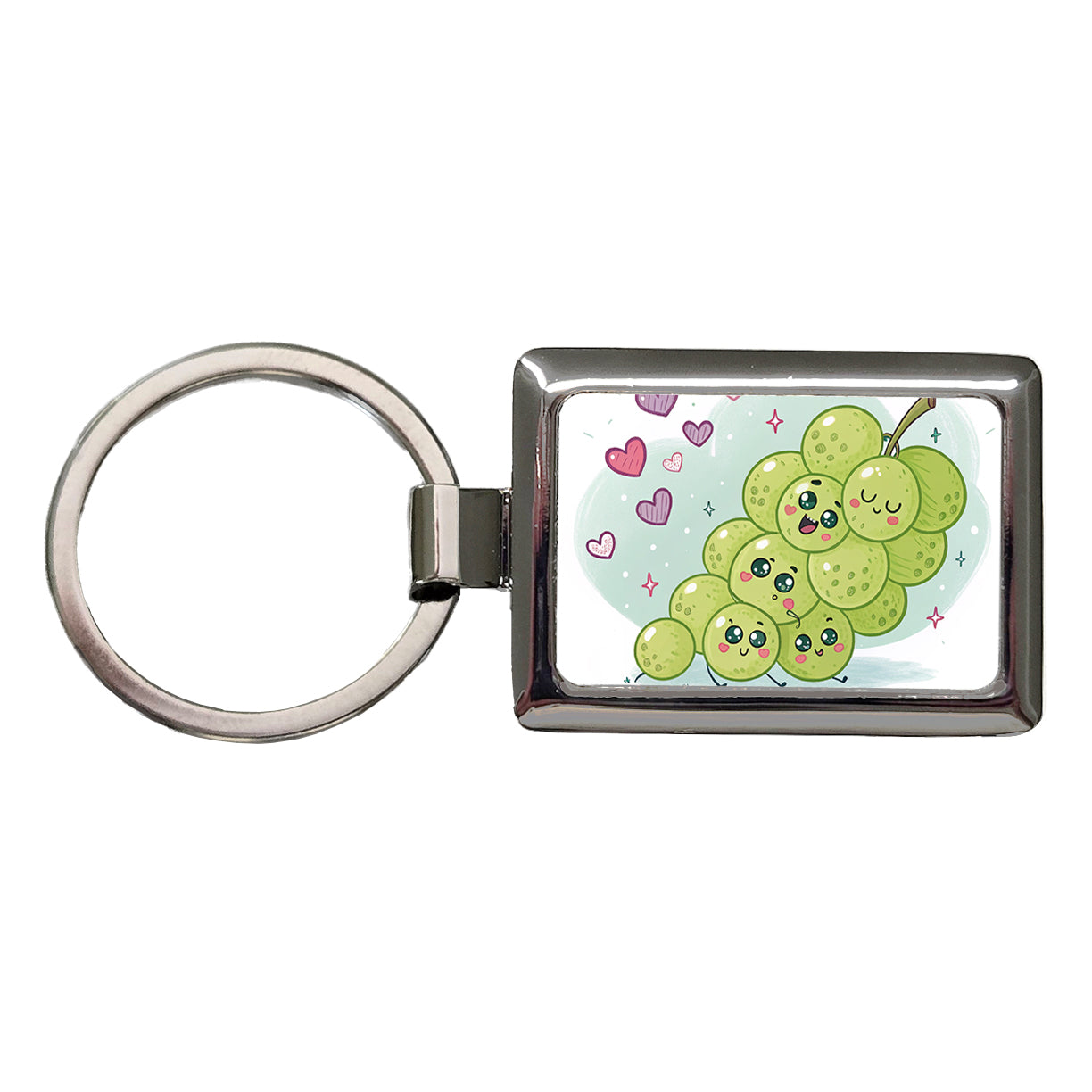 Kawaii Green Grapes And Hearts Rectangle Metal Keychain