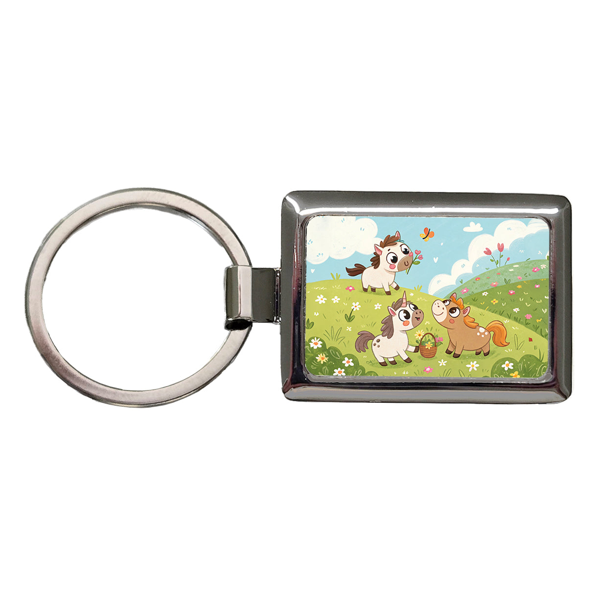 Kawaii Horses Playing Rectangle Metal Keychain