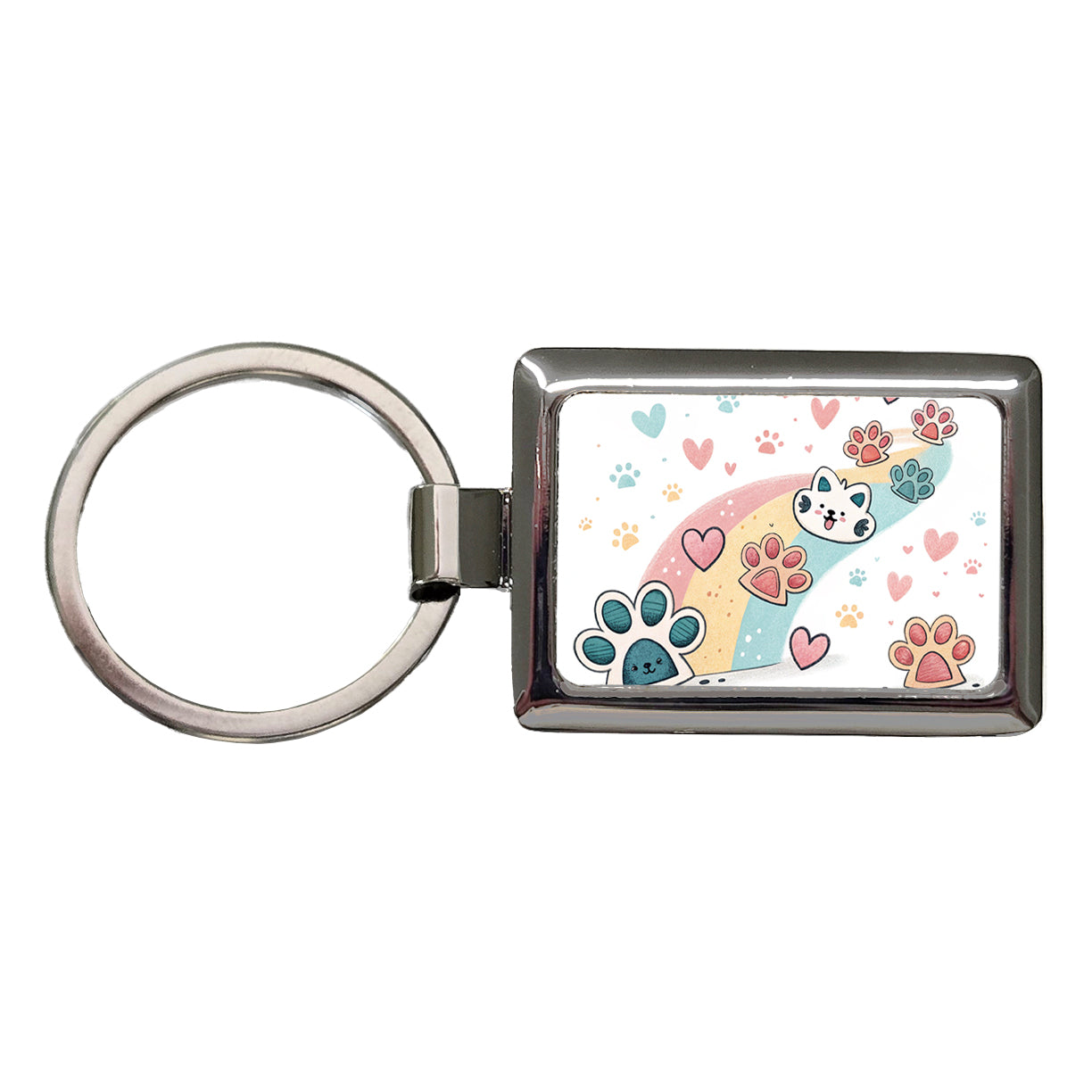 Kawaii Paw Prints And Hearts Sty Rectangle Metal Keychain