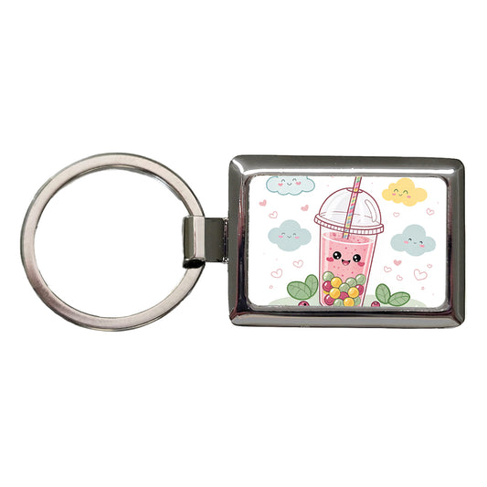 Kawaii Pink Boba Bubble Tea Rectangle Metal Keychain