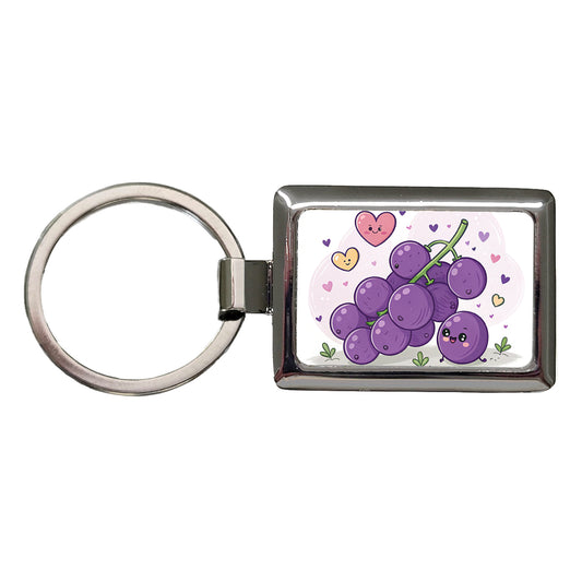Kawaii Purple Grapes And Hearts Rectangle Metal Keychain