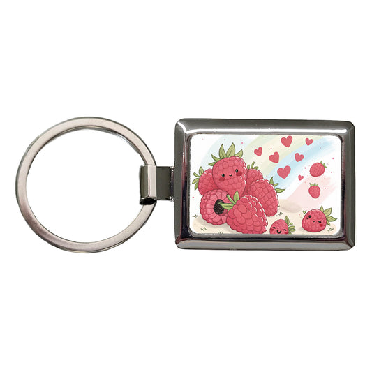 Kawaii Raspberries And Hearts Rectangle Metal Keychain