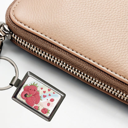 Kawaii Raspberries And Hearts Rectangle Metal Keychain
