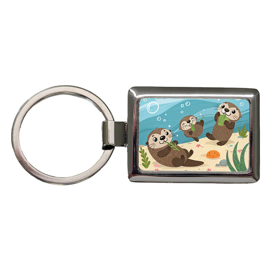 Kawaii Sea Otters Rectangle Metal Keychain