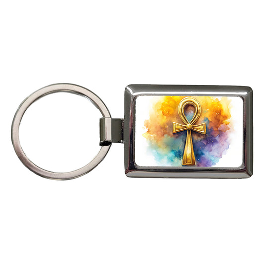 Ancient Egyptian Gold Ankh Watercolor Rectangle Metal Keychain