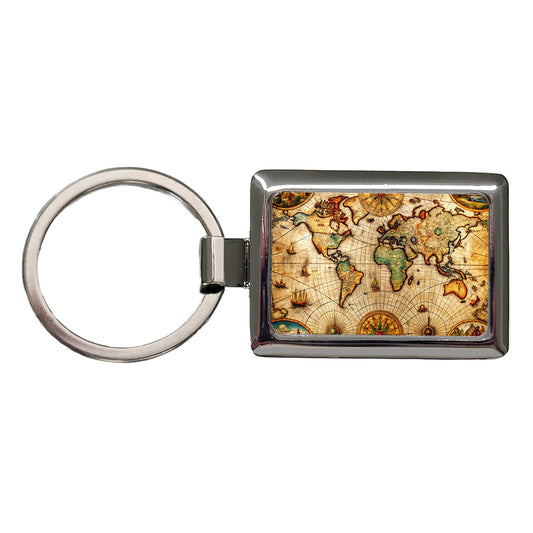 Ancient Maritime Nautical World Map Rectangle Metal Keychain