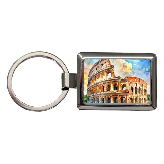 Ancient Rome Coliseum Watercolor Rectangle Metal Keychain