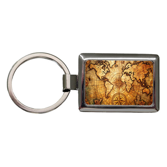 Ancient World Map with Compass Rose Rectangle Metal Keychain