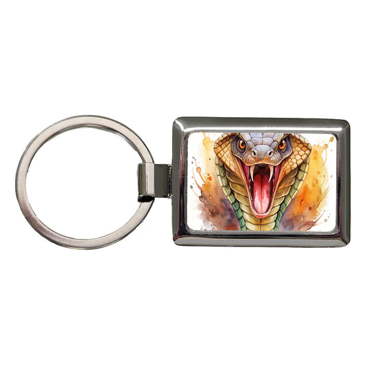 Angry Cobra Snake Reptile Close-up Watercolor Rectangle Metal Keychain