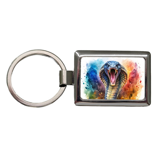 Angry Cobra Snake Reptile Watercolor Rectangle Metal Keychain