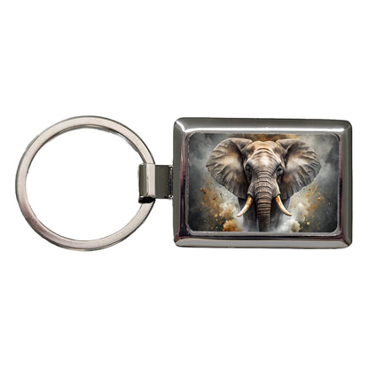 Angry Elephant Black Watercolor Rectangle Metal Keychain