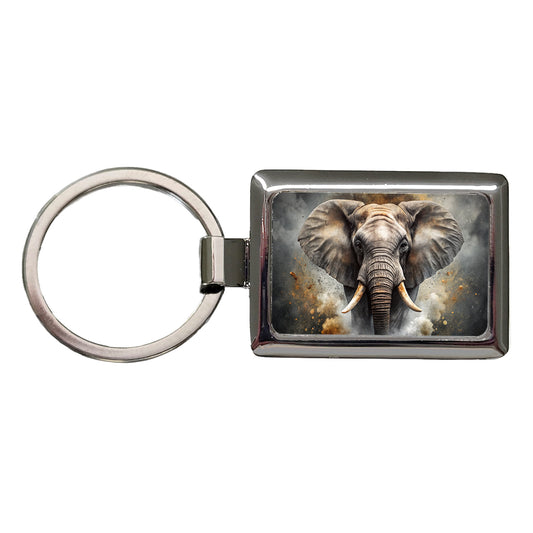 Angry Elephant Black Watercolor Rectangle Metal Keychain