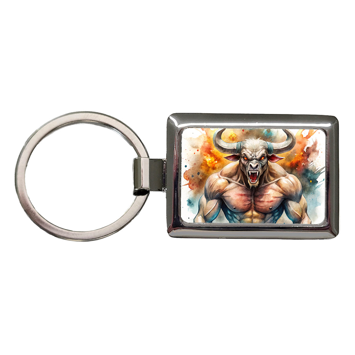 Angry Fantasy Minotaur Watercolor Rectangle Metal Keychain