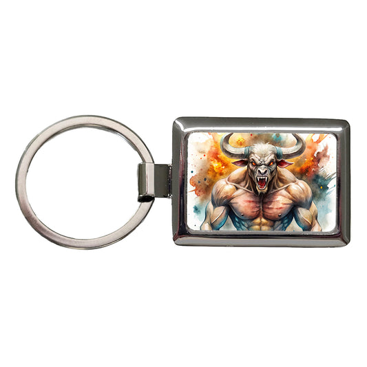 Angry Fantasy Minotaur Watercolor Rectangle Metal Keychain