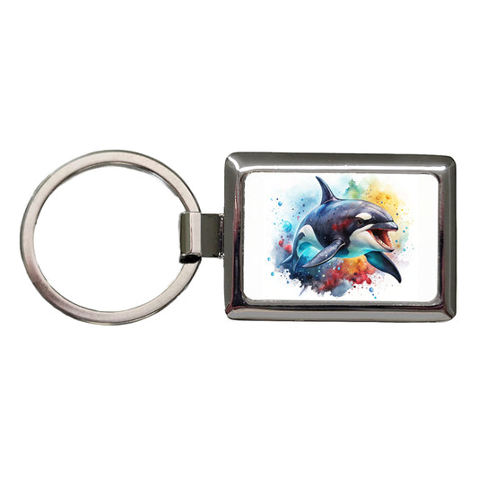 Angry Orca Killer Whale Watercolor Rectangle Metal Keychain