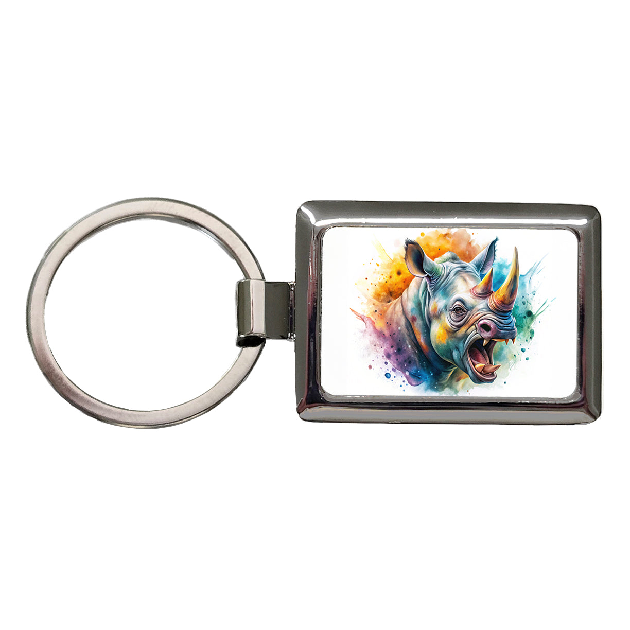 Angry Rhino Rhinoceros Watercolor Rectangle Metal Keychain