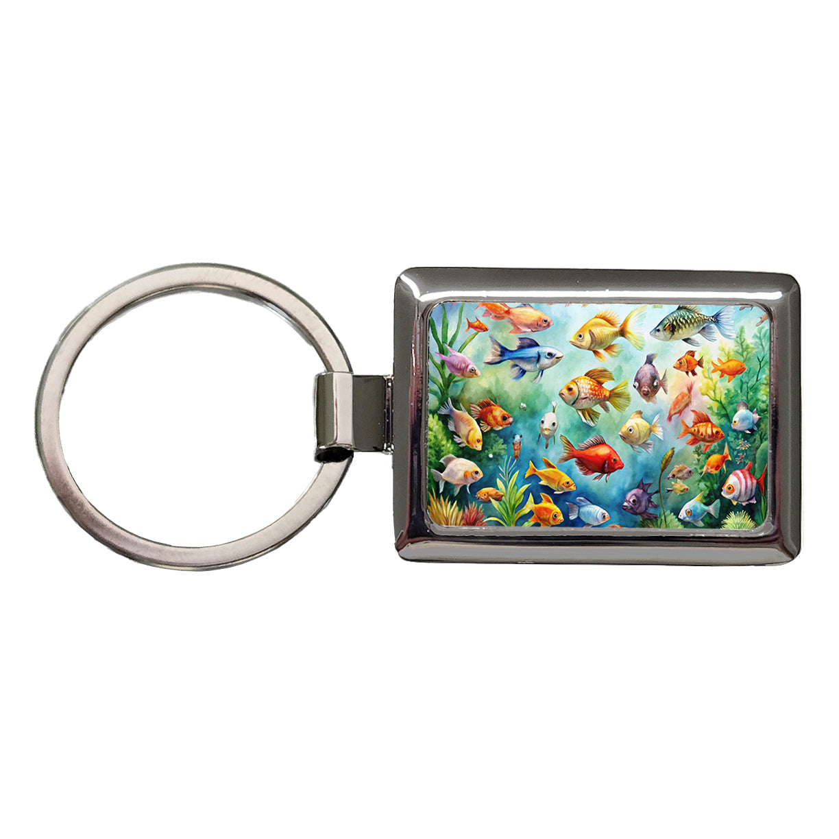 Aquarium Full Of Fish Watercolor Rectangle Metal Keychain