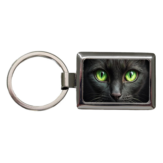 Black Cat with Green Eyes Rectangle Metal Keychain