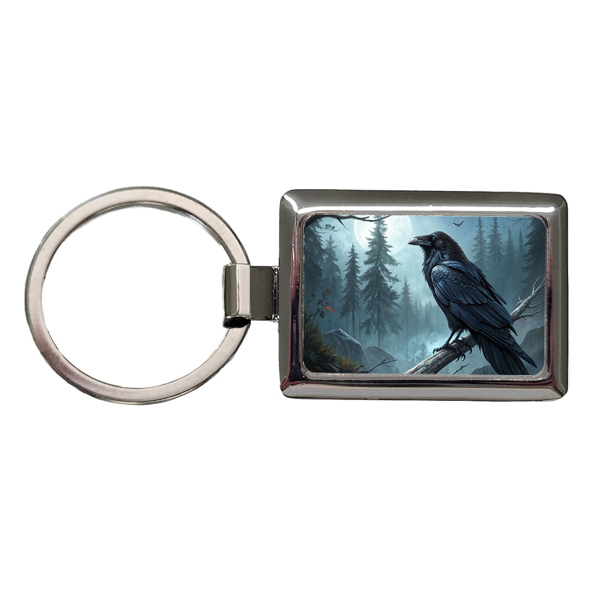 Black Raven at Night Under a Full Moon Rectangle Metal Keychain