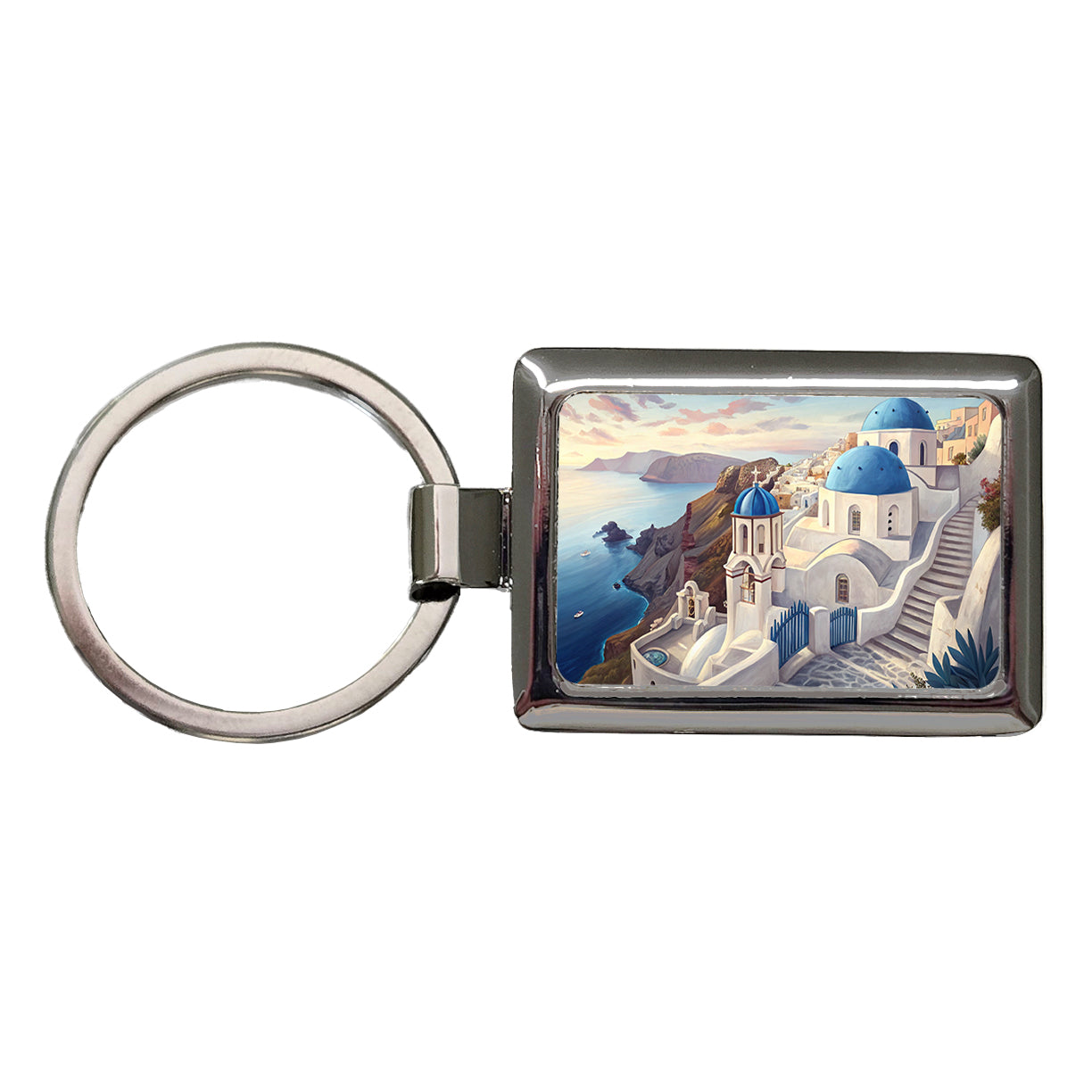 Blue Domes Of Oia Santorini Greece Aegean Sea Rectangle Metal Keychain