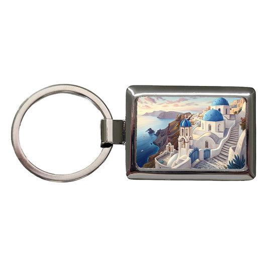 Blue Domes Of Oia Santorini Greece Aegean Sea Rectangle Metal Keychain