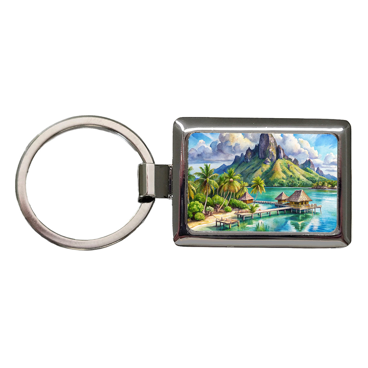 Bora Bora French Polynesia Watercolor Rectangle Metal Keychain