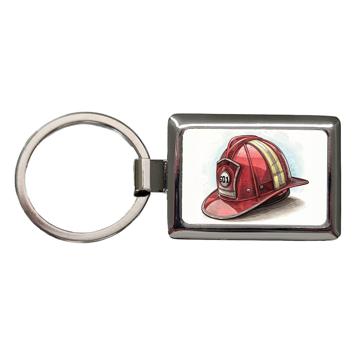 Classic Red Firefighter Fireman Helmet Rectangle Metal Keychain