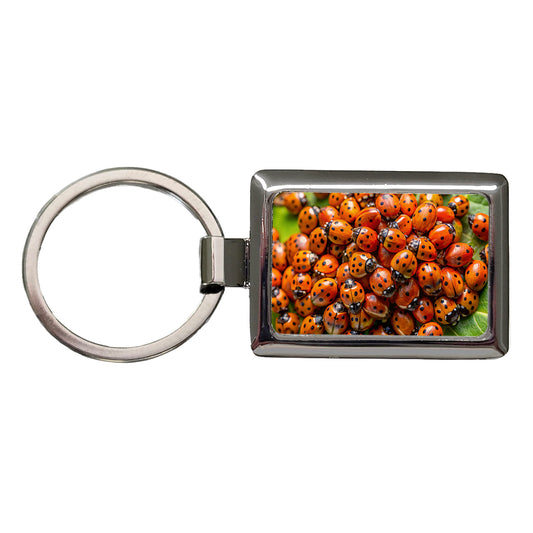 Close-Up Of Ladybugs Covering Leaf Rectangle Metal Keychain