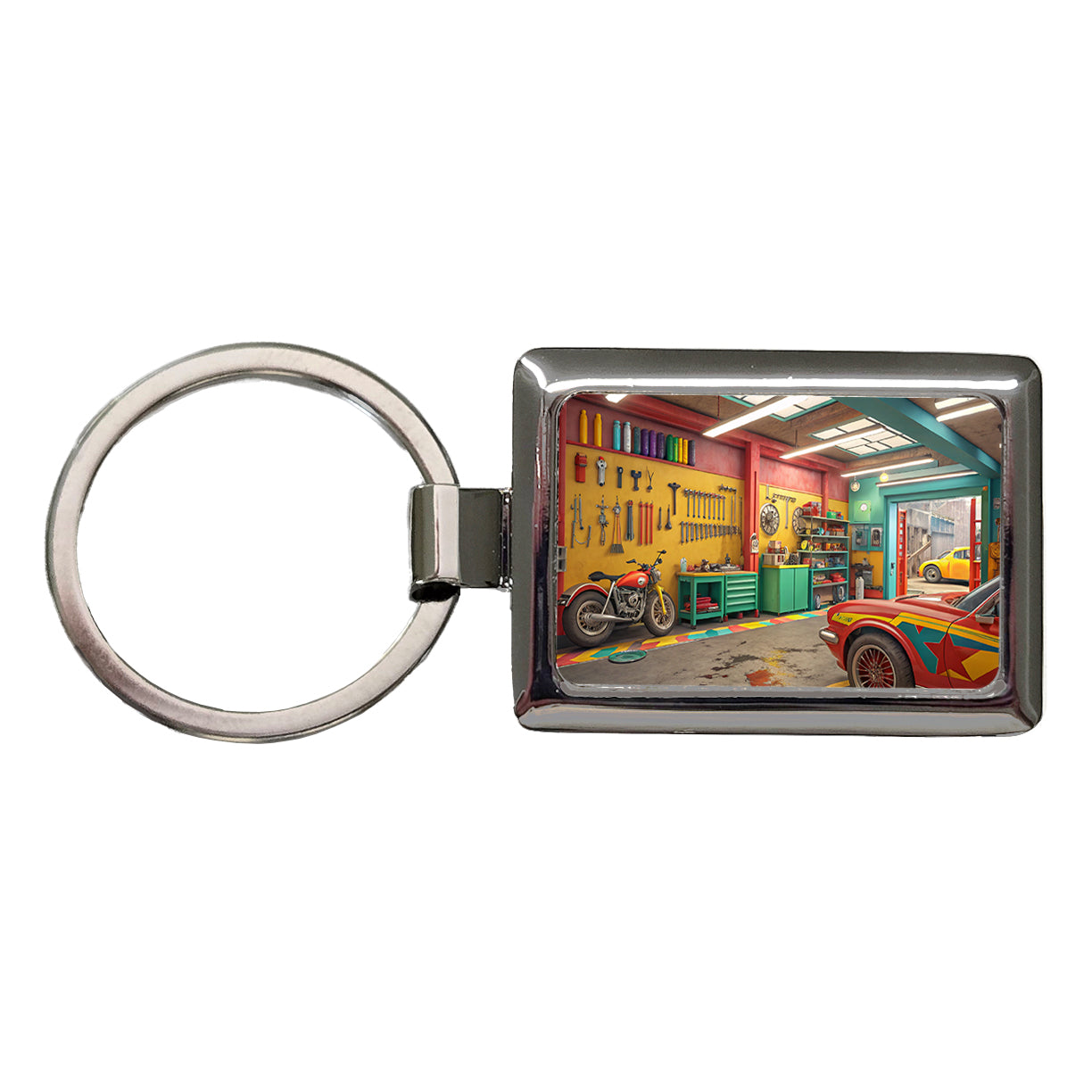 Colorful Mechanic's Garage Rectangle Metal Keychain