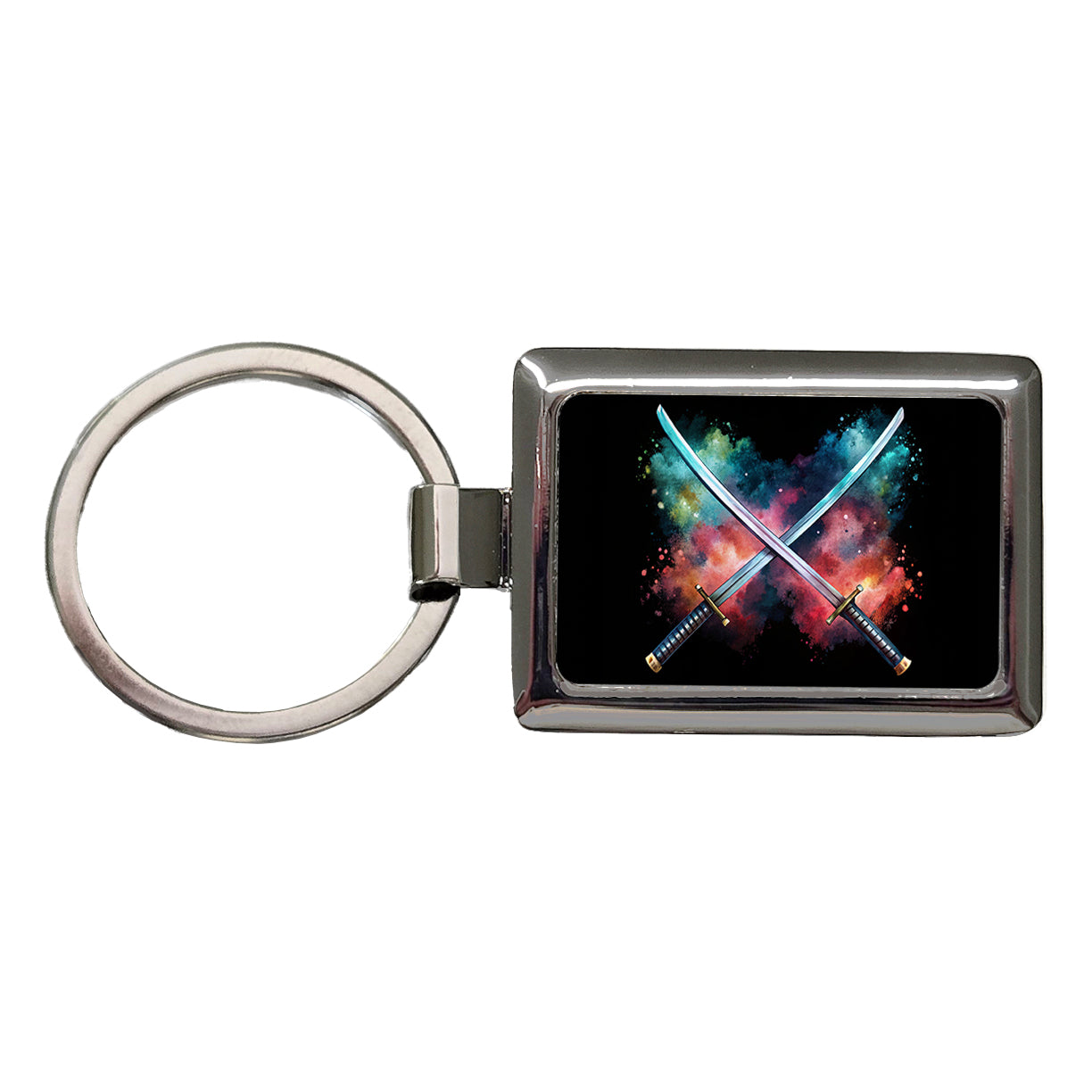 Crossed Katana Samurai Ninja Swords Black Watercolor Rectangle Metal Keychain