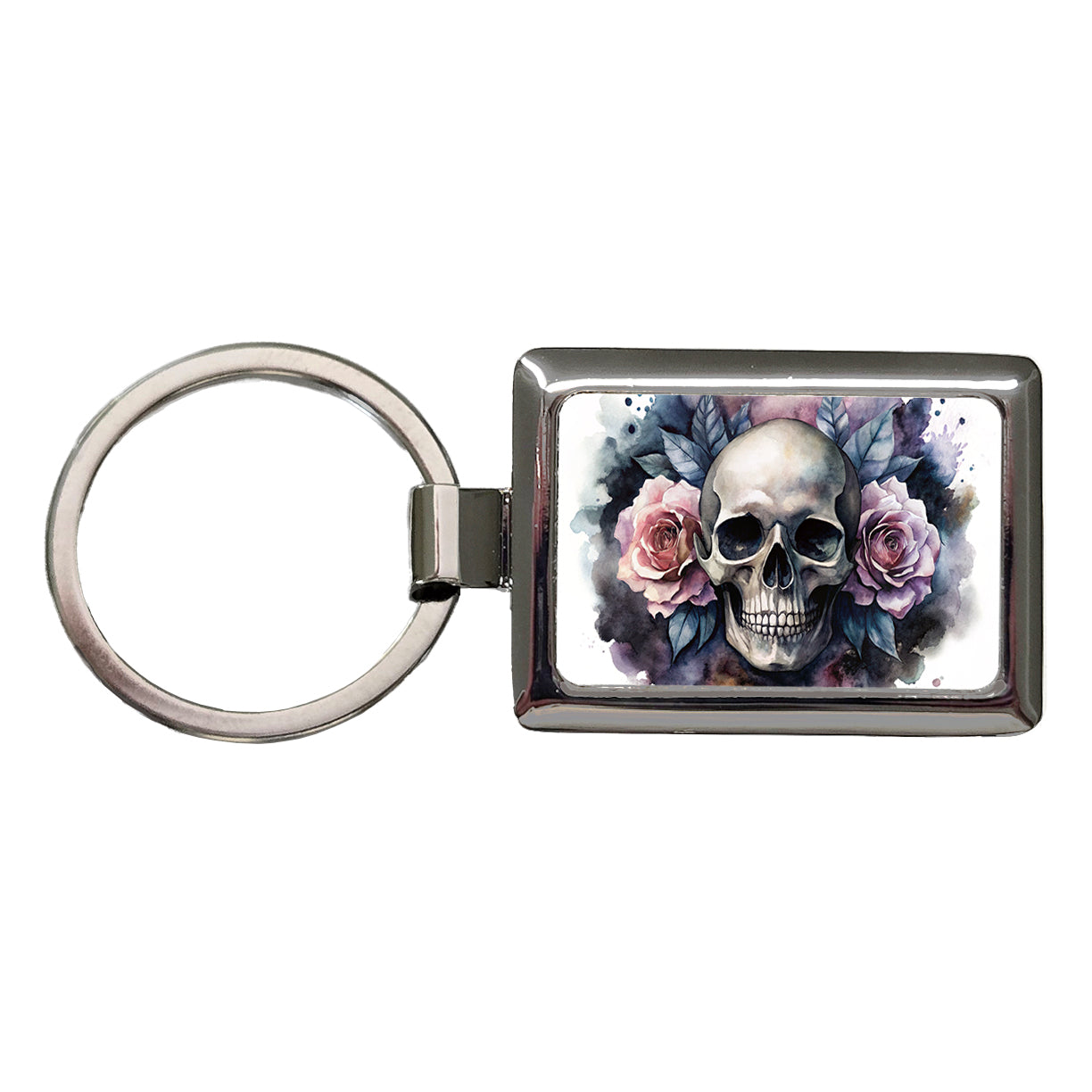 Death Skull Roses Black Watercolor Rectangle Metal Keychain