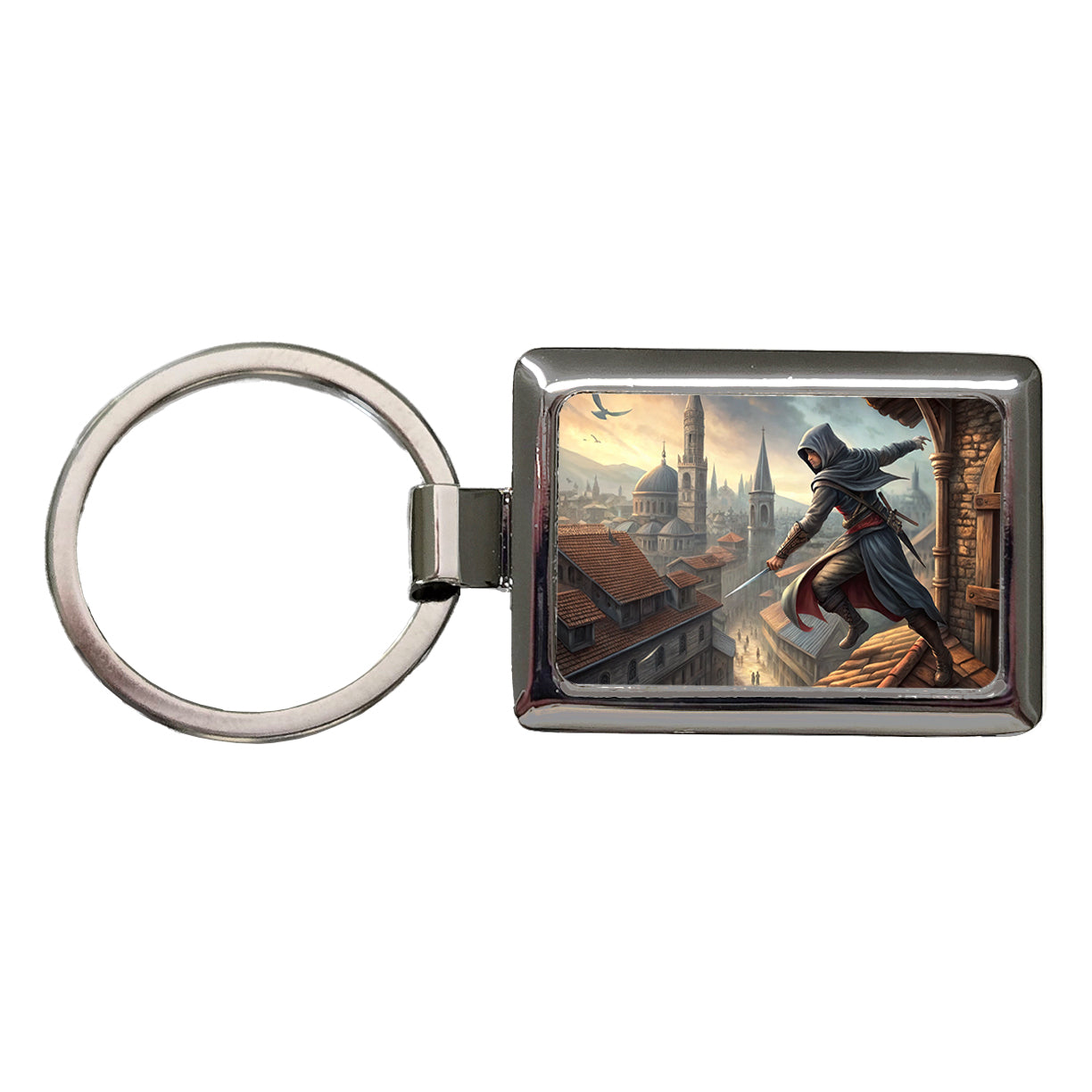 Fantasy Assassin Rogue Thief Rooftop Running Rectangle Metal Keychain