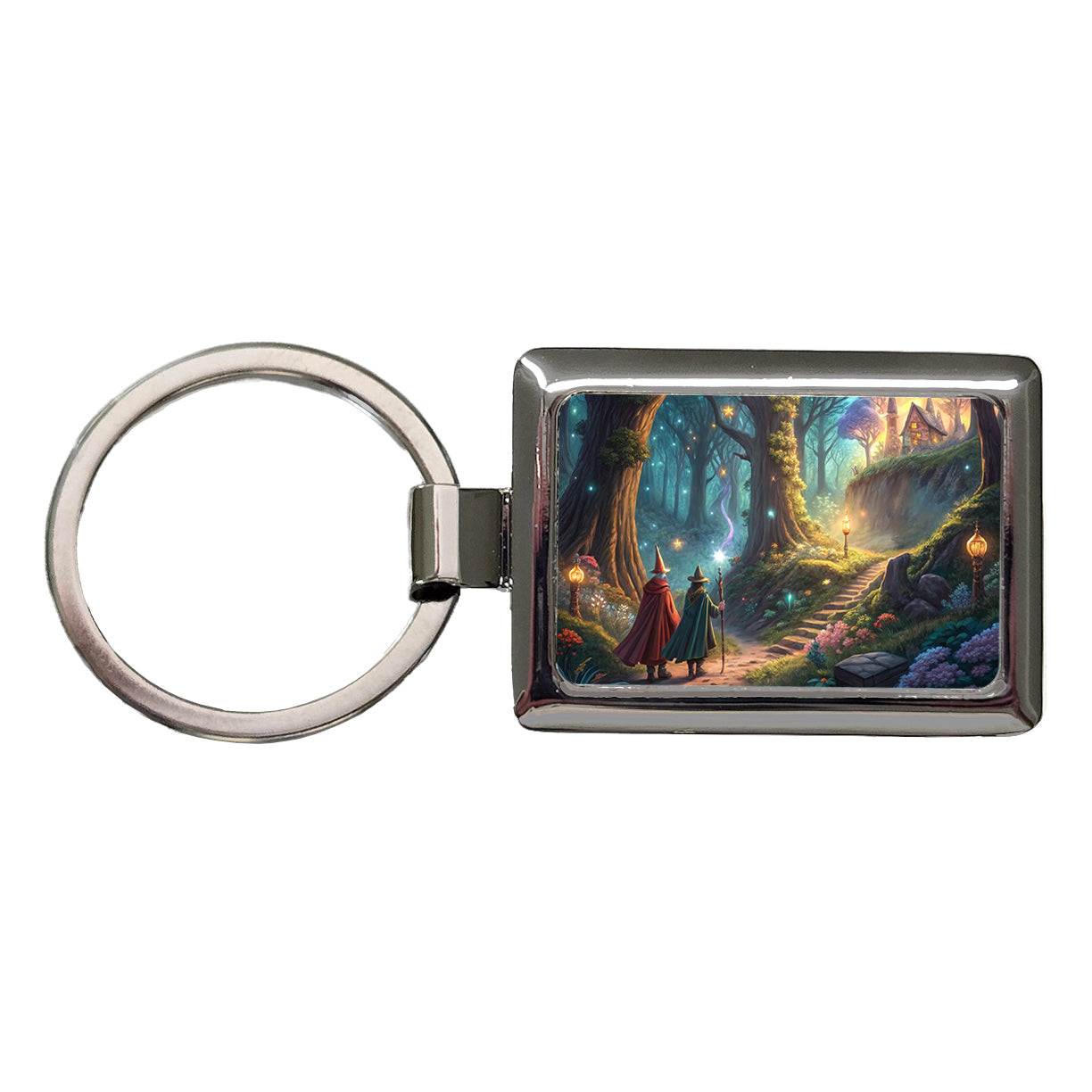 Fantasy Forest with Wizards Rectangle Metal Keychain